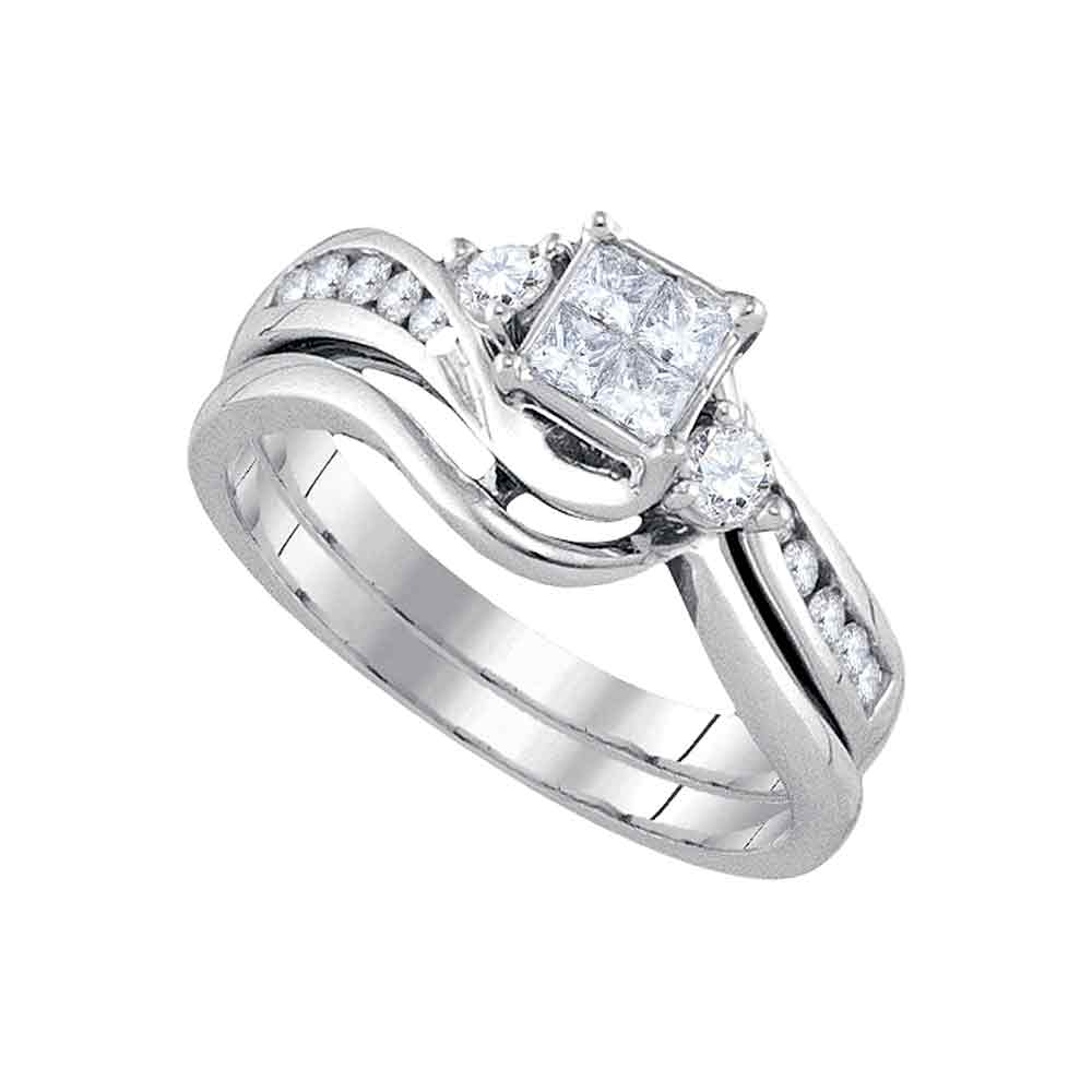 14kt White Gold Womens Diamond Princess Bridal Wedding Engagement Ring Band Set 1/2 Cttw