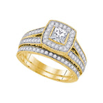 14kt Yellow Gold Womens Diamond Princess Halo Bridal Wedding Engagement Ring Band Set 1-1/4 Cttw