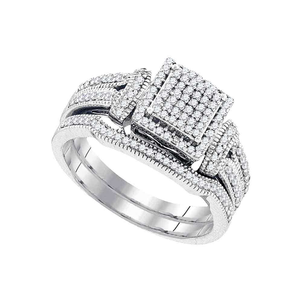 10kt White Gold Womens Diamond Cluster Bridal Wedding Engagement Ring Band Set 3/8 Cttw