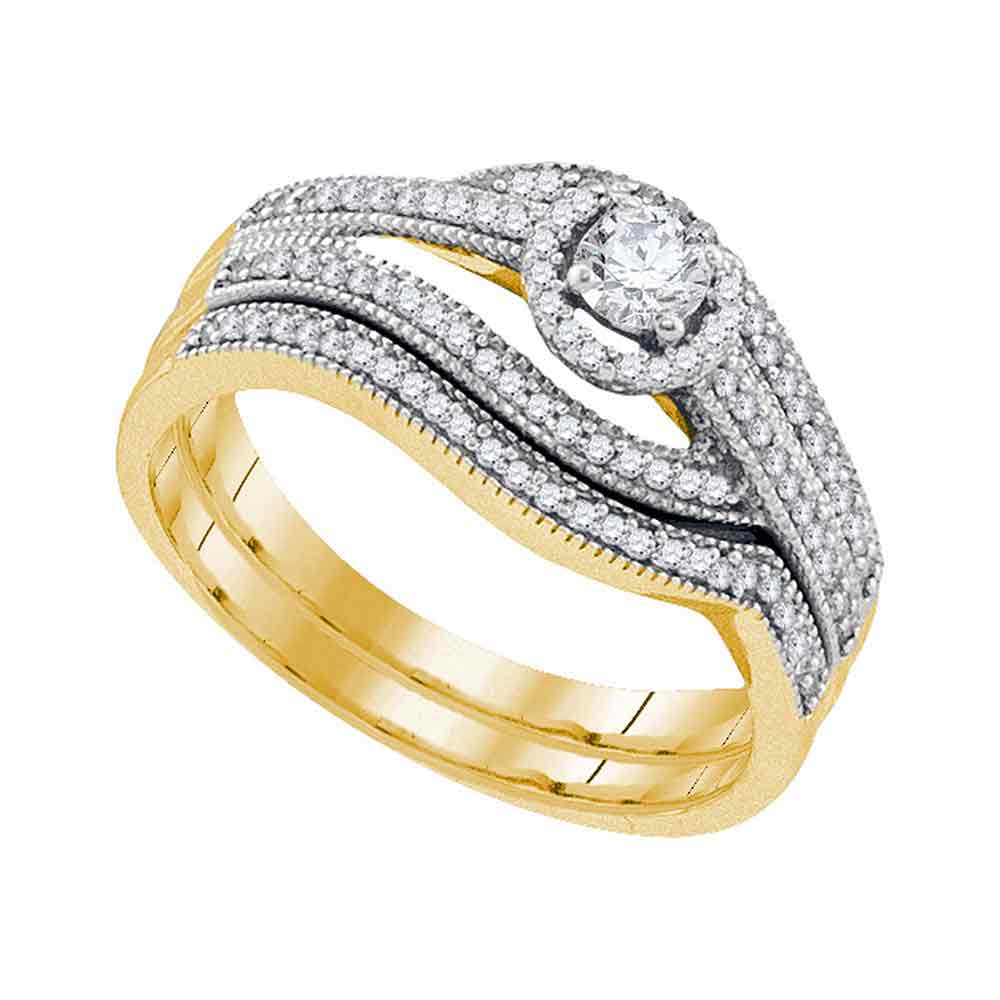 10kt Yellow Gold Womens Round Diamond Halo Bridal Wedding Engagement Ring Band Set 3/8 Cttw