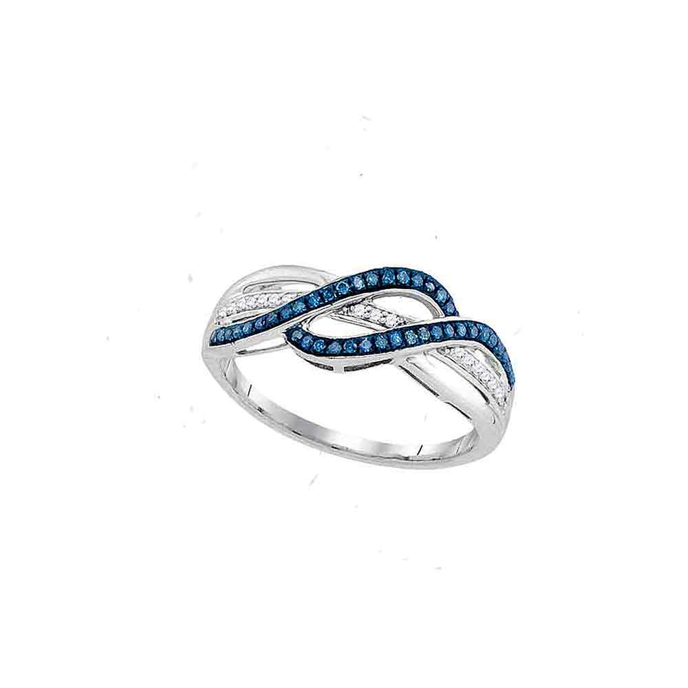 10kt White Gold Womens Round Blue Color Enhanced Diamond Double Row Crossover Band 1/5 Cttw