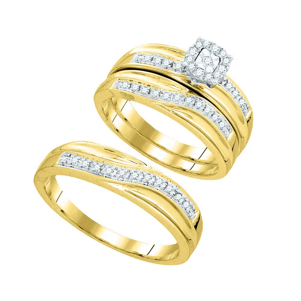 10k Yellow Gold Round Diamond Matching Trio Mens Womens Wedding Bridal Ring Set 1/3 Cttw