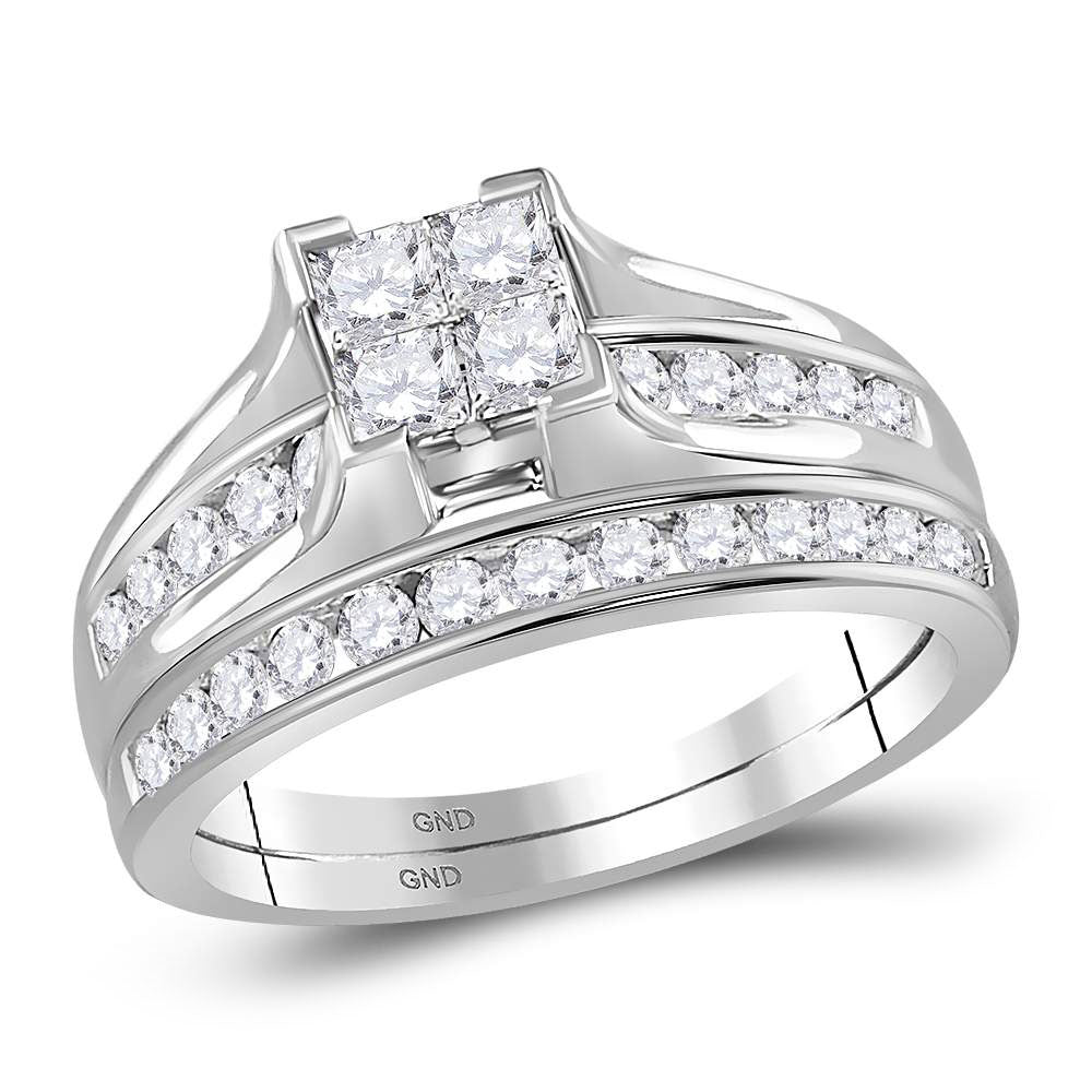 14kt White Gold Womens Princess Diamond Bridal Wedding Engagement Ring Band Set 7/8 Cttw