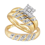 10kt Yellow Gold His & Hers Round Diamond Cluster Matching Bridal Wedding Ring Band Set 1/8 Cttw