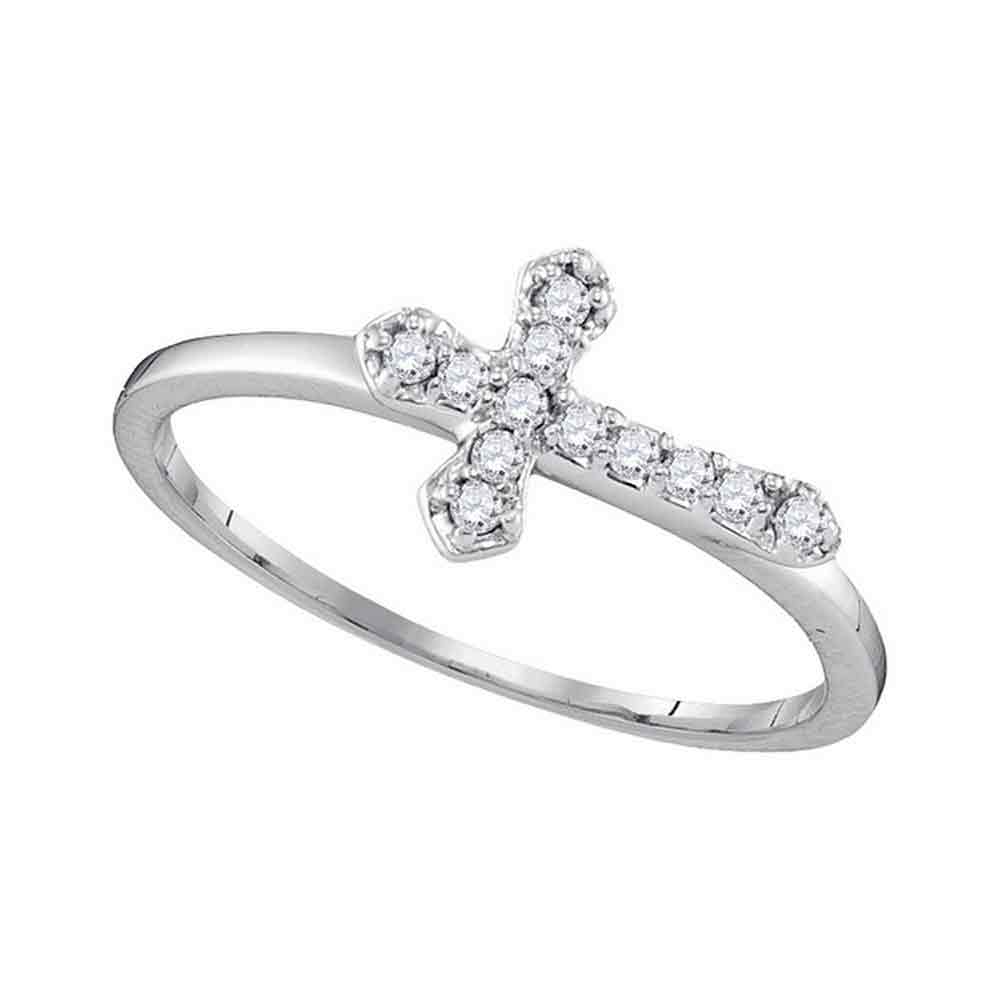 10kt White Gold Womens Round Diamond Cross Faith Band Ring 1/8 Cttw