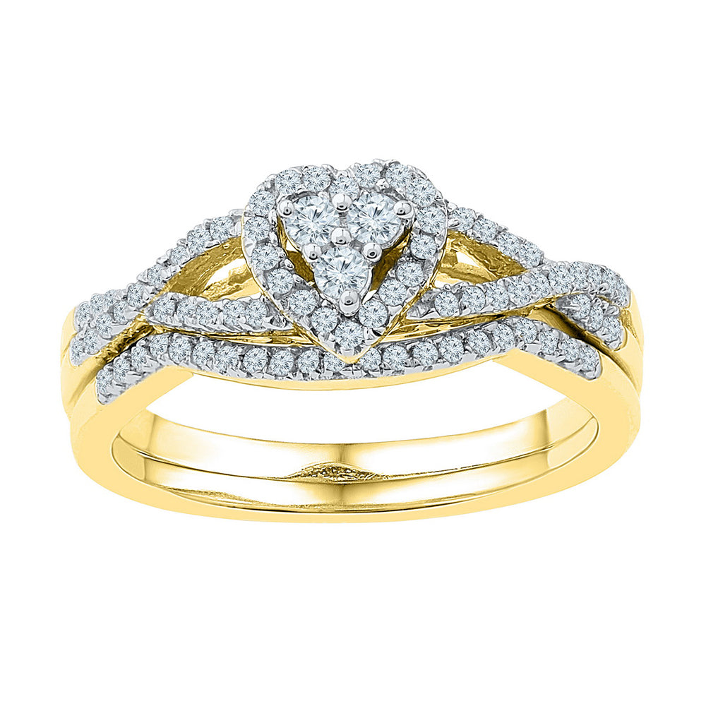 10k Yellow Gold Womens Round Diamond Heart Cluster Bridal Wedding Engagement Ring Set 3/8 Cttw