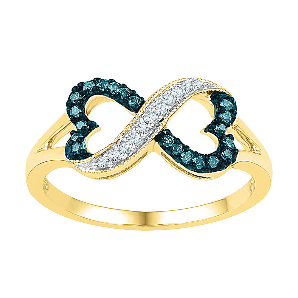 10kt Yellow Gold Womens Round Blue Color Enhanced Diamond Infinity Heart Ring 1/6 Cttw