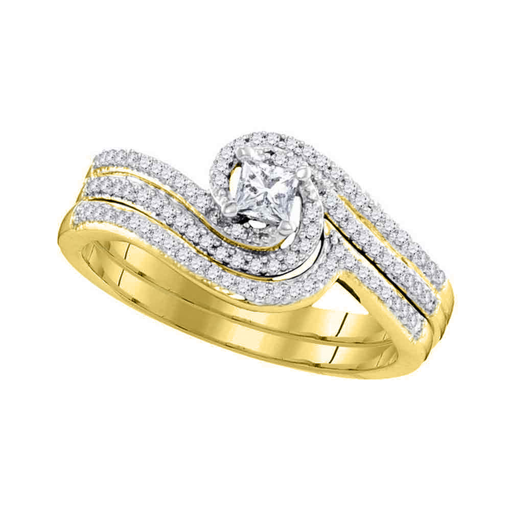 10kt Yellow Gold Womens Princess Diamond Bridal Wedding Engagement Ring Band Set 3/8 Cttw