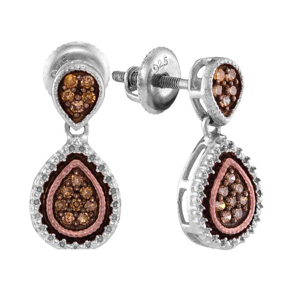 Sterling Silver outlet Womens Round Brown Color Enhanced Diamond Teardrop Dangle Earrings 1/5 Cttw