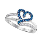 10kt White Gold Womens Round Blue Color Enhanced Diamond Heart Love Ring 1/8 Cttw