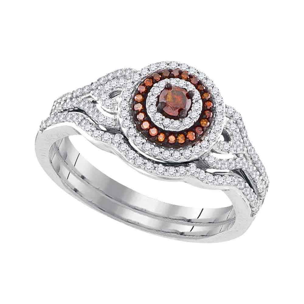 10kt White Gold Womens Round Red Color Enhanced Diamond Bridal Wedding Engagement Ring Band Set 1/2 Cttw