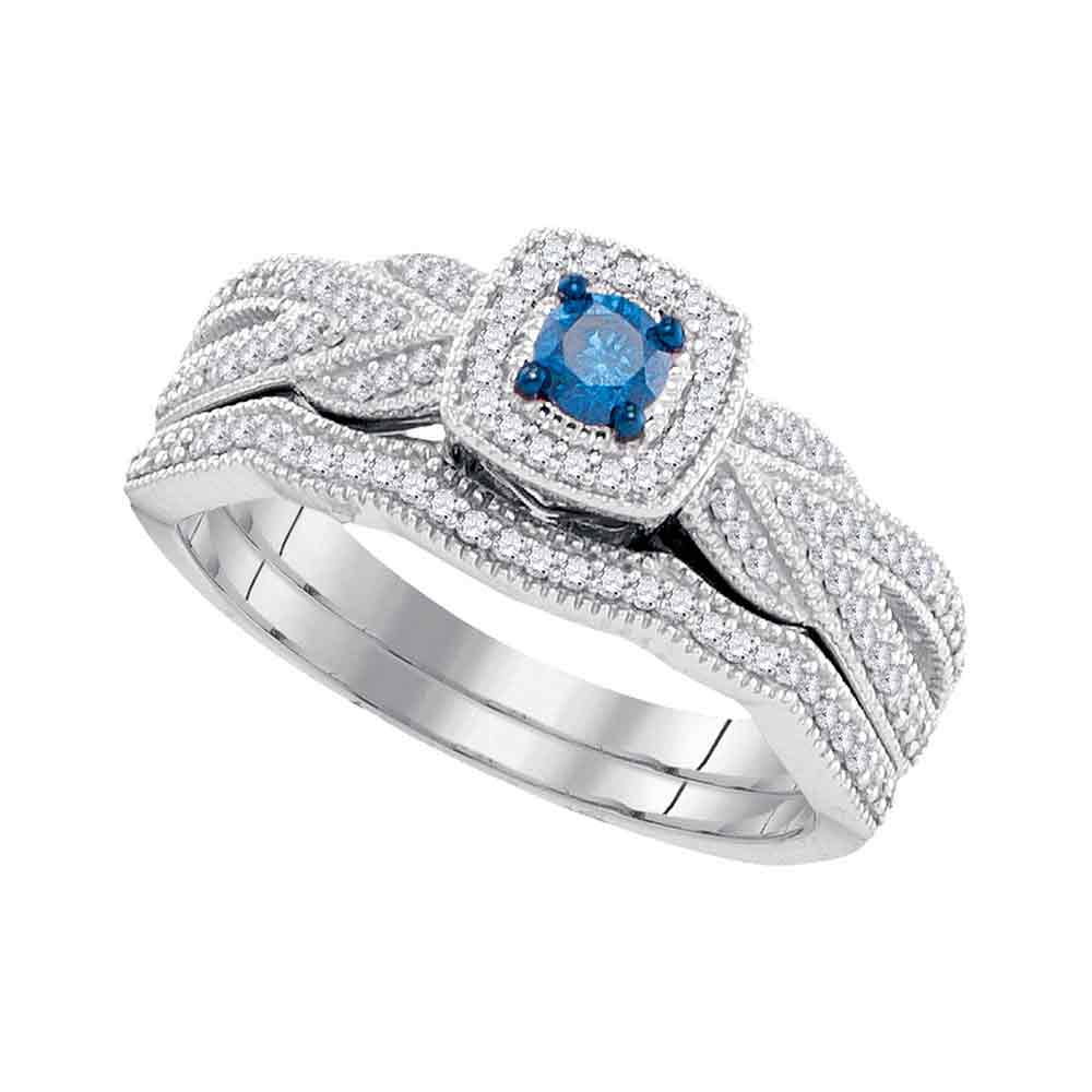 10kt White Gold Womens Round Blue Color Enhanced Diamond Milgrain Bridal Wedding Engagement Ring Band Set 3/8 Cttw