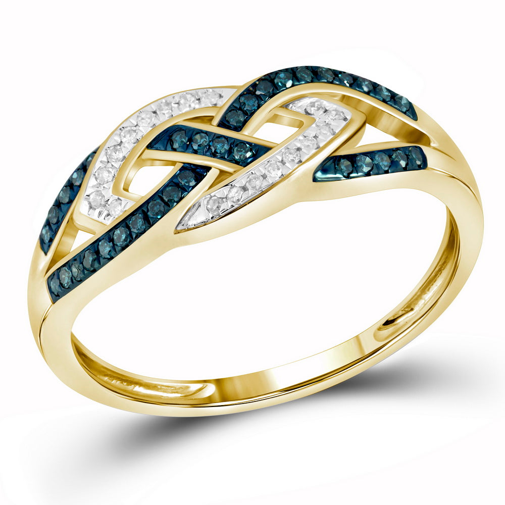 10kt Yellow Gold Womens Round Blue Color Enhanced Diamond Crossover Band Ring 1/6 Cttw