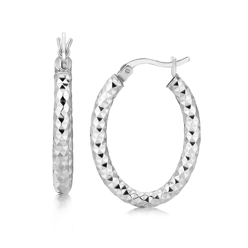 Sterling Silver Thick Hoop Diamond Cut Textured Earrings with Rhodium Plating